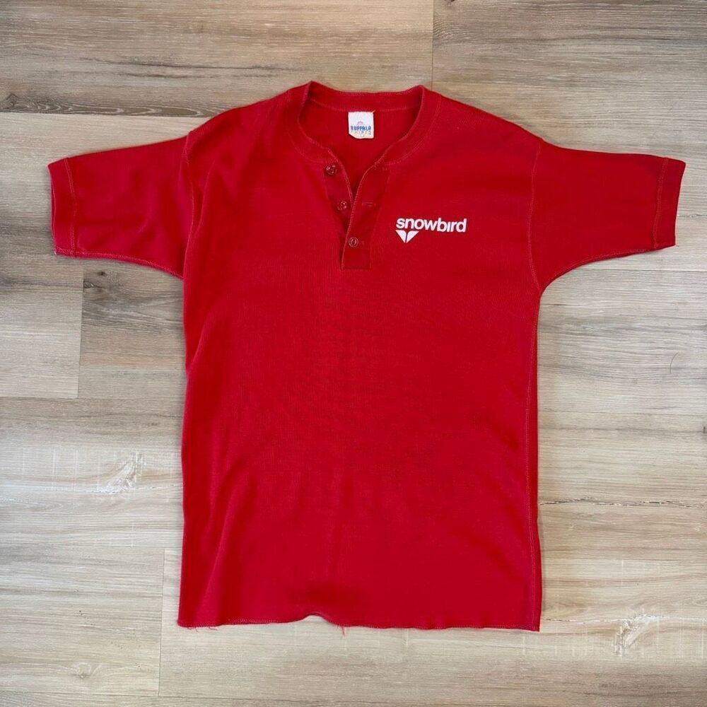 Vintage 80s Snowbird Ski Resort Red Henley Single Stitch Shirt Sz L Alpine Apres